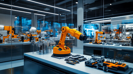 Poster - Ai-driven robotics lab displaying a variety of robot parts and advanced electronics, emphasizing the cutting-edge innovations and developments in artificial intelligence and engineering