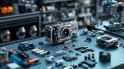 Fototapete - Ai-driven robotics lab displaying a variety of robot parts and advanced electronics, emphasizing the cutting-edge innovations and developments in artificial intelligence and engineering