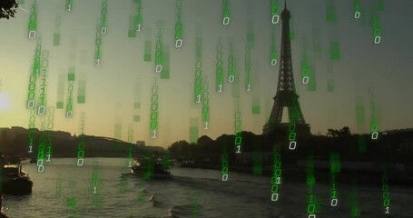 Poster - Binary code animation over Eiffel Tower and Seine River at sunset