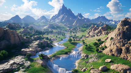 Aufkleber - Amazing futuristic magical landscape, streams and rivers flow down the slopes of mountains and rocks into the valley, the sacred peak rises, 3d artwork