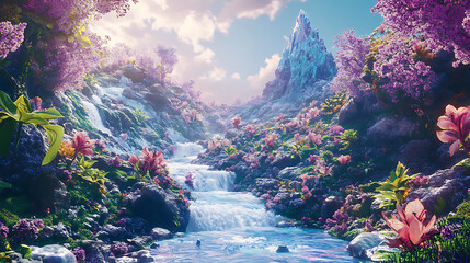 Aufkleber - Amazing futuristic magical landscape, streams and rivers flow down the slopes of mountains and rocks into the valley, the sacred peak rises, 3d artwork