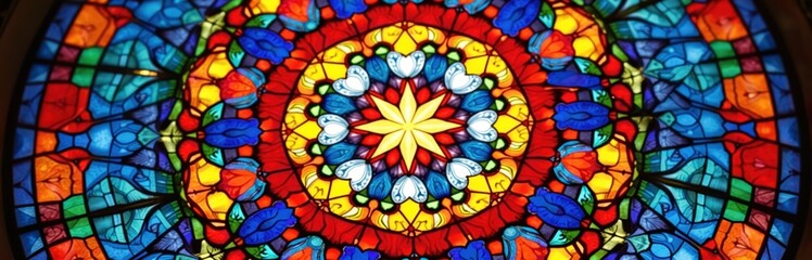 Poster - Colorful mandala stained glass window artwork. Geometric pattern primary colors with kaleidoscope effect. Abstract design suitable for print decor background, art lovers, artistic design.