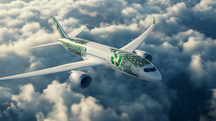 Poster - An eco-friendly airplane emblazoned with a recyclable symbol on its fuselage, representing sustainable aviation and green travel initiatives