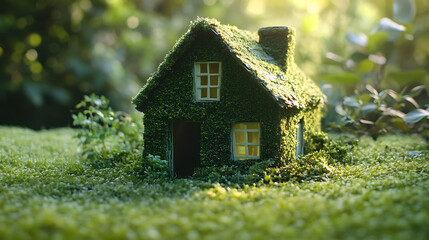 Poster - An eco-friendly house, paper home half-covered in moss, sits on the grass in a garden