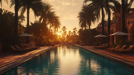Poster - An elegant swimming pool surrounded by palm trees at sunset, with loungers and umbrellas set up along the edge of it