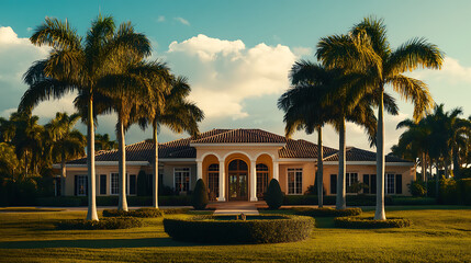 Poster - An elegant, tropical-looking house with palm trees and short grass in front