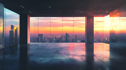Poster - an empty interior with a concrete floor and a view of the morning cityscape, futuristic illustration