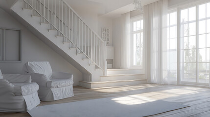 Leinwandbilder - An empty modern living room with white furniture and stairs