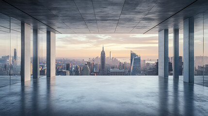 Fototapete - An empty interior with a concrete floor and a view of the morning cityscape, futuristic illustration of future technologies