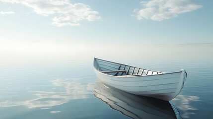 Poster - An empty white rowing boat navigating calm water