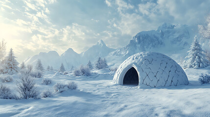 Poster - An igloo in a snowy field with a snowy mountain covered with snow, a scene of an arctic landscape, frozen home building standing on snow scene, 3d render