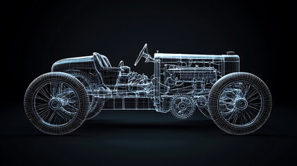 Poster - An illustration of a piston engine car on a black background with gear mechanismsa wireframe design based on a modern illustrationisolated on a black background with gear mechanisms