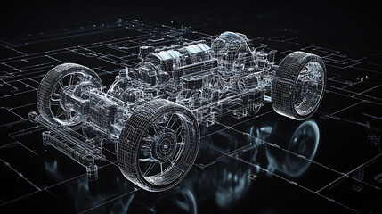 Poster - An illustration of a piston engine car on a black background with gear mechanismsa wireframe design based on a modern illustrationisolated on a black background with gear mechanisms