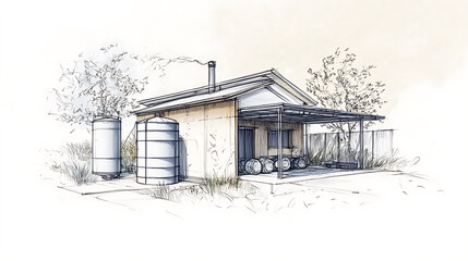 Poster - An illustrative sketch of a rainwater harvesting system, showcasing the design for sustainable water collection and storage in a residential project
