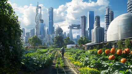 Poster - An illustrative concept of sustainable agriculture and farming practices in an urban environment, the sketch depicts a harmonious blend of city life and agriculture