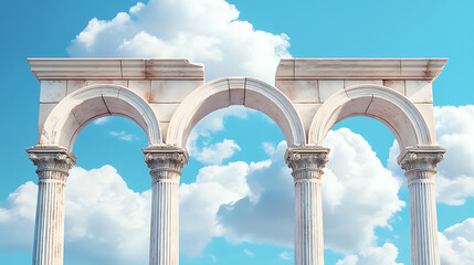 Poster - Ancient greek, roman and arabic stone arches against the background of fluffy clouds in the sky 3d illustration