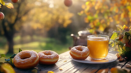 Poster - Apple cider donuts and warm cider in the garden