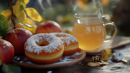 Poster - Apple cider donuts and warm cider in the garden