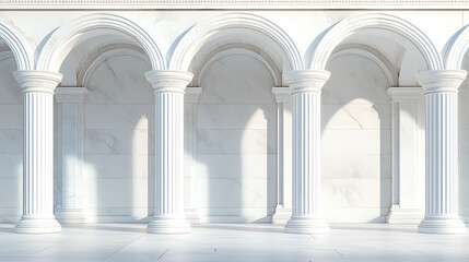 Poster - Arches with columns in the wall, internal gate with white columns in a palace or castle on a light wall background 3d illustration