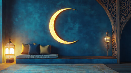 Fototapete - Arabic ramadan crescent on modern blue wall background, beautiful muslim invitation with ramadan, eid mubarak, religion background