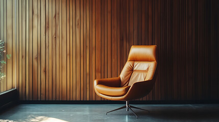 Poster - Armchair against wooden paneling wall, minimalist interior design of modern living room