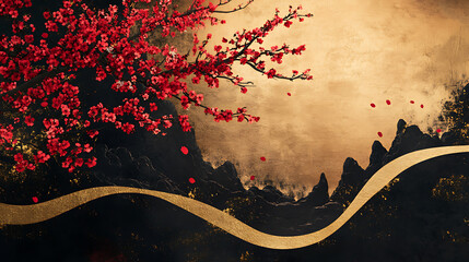 Poster - Art landscape in oriental banner with gold, black, and red texture moderns, cherry blossom flower branch and black stone decorations