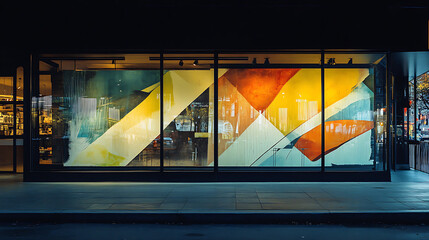 Poster - Artistic storefront with large abstract mural visible through glass, evening ambiance