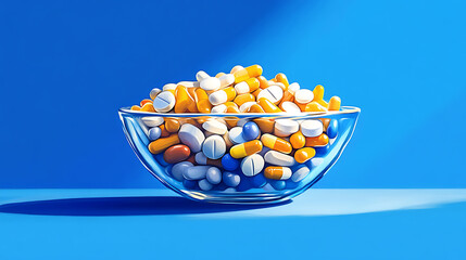 Poster - Assorted pills and capsules in a bowl against a blue background, illustration