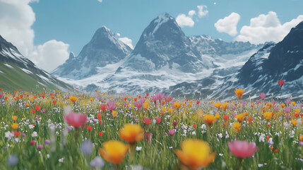 Poster - At the foot of the snow-covered mountains in the valley, wildflowers grow in a field, 3d rendering