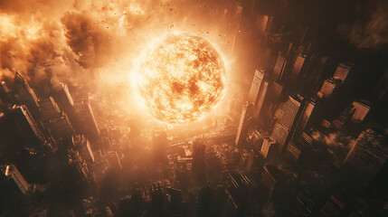 Poster - Atomic bomb in city, symbol of war, end of world, nuclear explosion