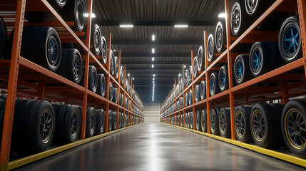Aufkleber - Automobile tires in a row at a tire warehouse, internet retail and automotive concept
