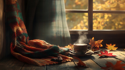 Poster - Autumn, autumn leaves, a hot steaming cup of coffee and a warm scarf on a wooden table background, seasonal, morning coffee, sunday rest and still life concept
