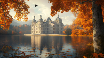 Poster - Autumn landscape of a palace surrounded by water, trees with orange foliage