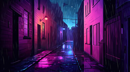 Poster - Back street alley with old city houses in rain at night, beautiful modern illustration, template for your design