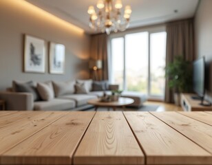 Poster - Wooden table top in modern living room. Blurred background of home interior with sofa. Empty desk, copy space for product presentation. Home decor, design, apartment, furniture, sunlight, nobody.