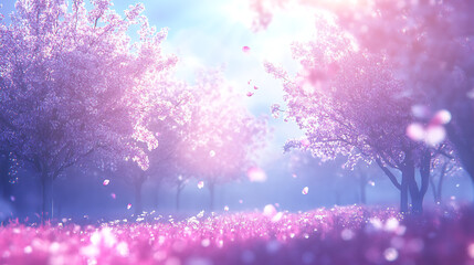 Poster - Background with blossoming trees and sun flare, sunny day, spring flowers, beautiful orchard, abstract blurred background, springtime