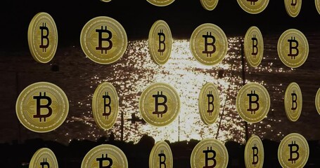 Poster - Bitcoin coins animation over shimmering water with silhouetted boat in background