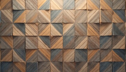 Aufkleber - Geometric wooden triangle pattern background. Square tiles with triangles in different wood shades, seamless texture. Modern abstract design for interior, surface, wall, decor or wallpaper.
