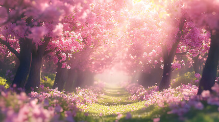Poster - Background with blossoming trees and sun flare, sunny day, spring flowers, beautiful orchard, abstract blurred background, springtime