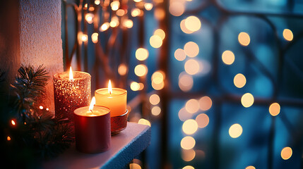 Aufkleber - Balcony with burning candles and other decorations on a bright bokeh background