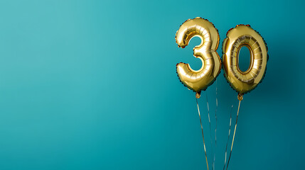 Aufkleber - Banner with number 30 golden balloon with copy space, thirty years anniversary celebration concept on a blue background