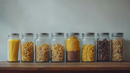 Poster - Banner with various pasta in glass jars on a wooden table, white wall assortment raw paste in a glass jar, food background, modern wooden kitchen table background