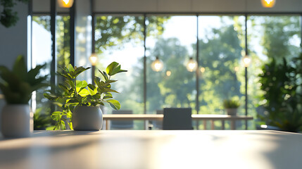 Aufkleber - Beautiful blurred background of a light modern office interior with panoramic windows and beautiful lighting