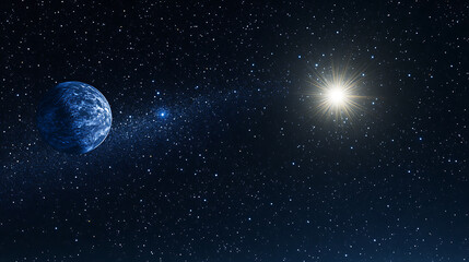 Poster - Beautiful bright star and planet against the background of the night starry sky above the surface of the earth 3d illustration