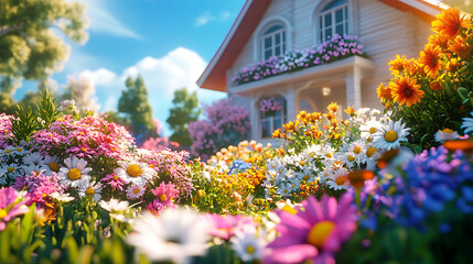 Poster - Beautiful flowerbed of home flowers in the garden against the background of the house