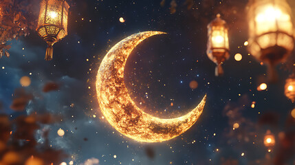 Aufkleber - Beautiful ramadan kareem background with golden crescent moon, stars, and lanterns for eid mubarak celebration and greeting card