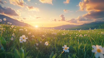 Poster - Beautiful spring landscape with green meadow and sunset, nature composition