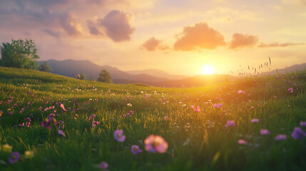 Aufkleber - Beautiful spring landscape with green meadow and sunset, nature composition