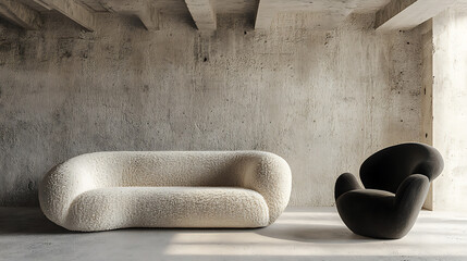 Poster - Beige boucle sofa and black chair in room with concrete ceiling, minimalist interior design of modern living room