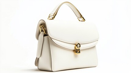 Poster - Elegant white leather handbag with gold clasp, isolated on white background.